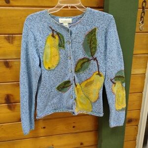 Vtg Susan Bristol Fall Pears Cardigan Sweater Medium Blue Yellow Cotton Blend